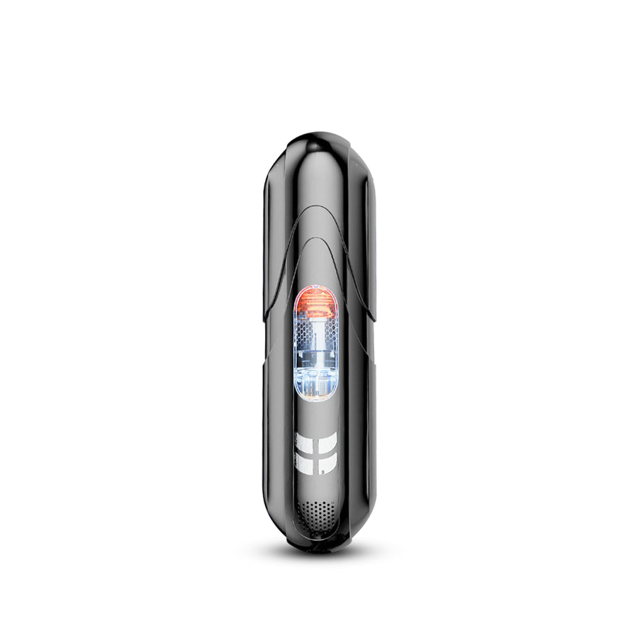 Electronic device with a metallic finish on a white background