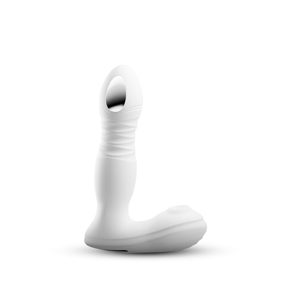 Profile view of the Aura Touch wearable vibrator, a white, L-shaped device with a textured vertical arm and a rounded base.