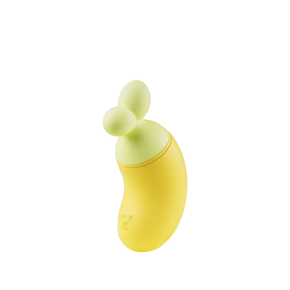 A yellow BanaRush wearable suction vibrator with twin-tip design displayed on a clean white background.