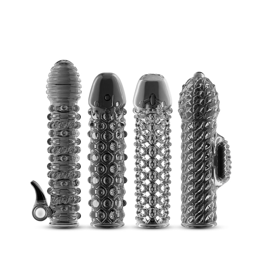 Four textured silicone penis sleeves with varied stimulation patterns