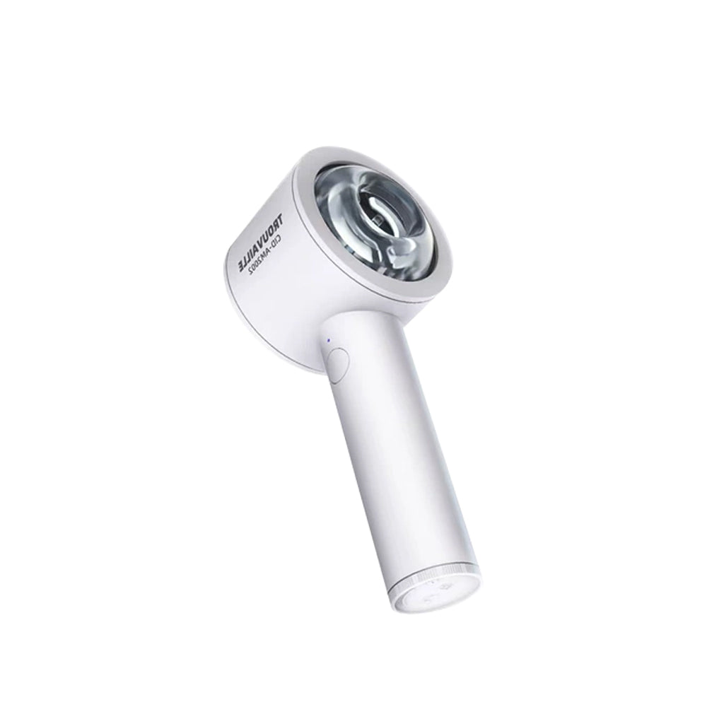 Sleek white handheld automatic masturbator with circular intake head and ergonomic grip handle angled view