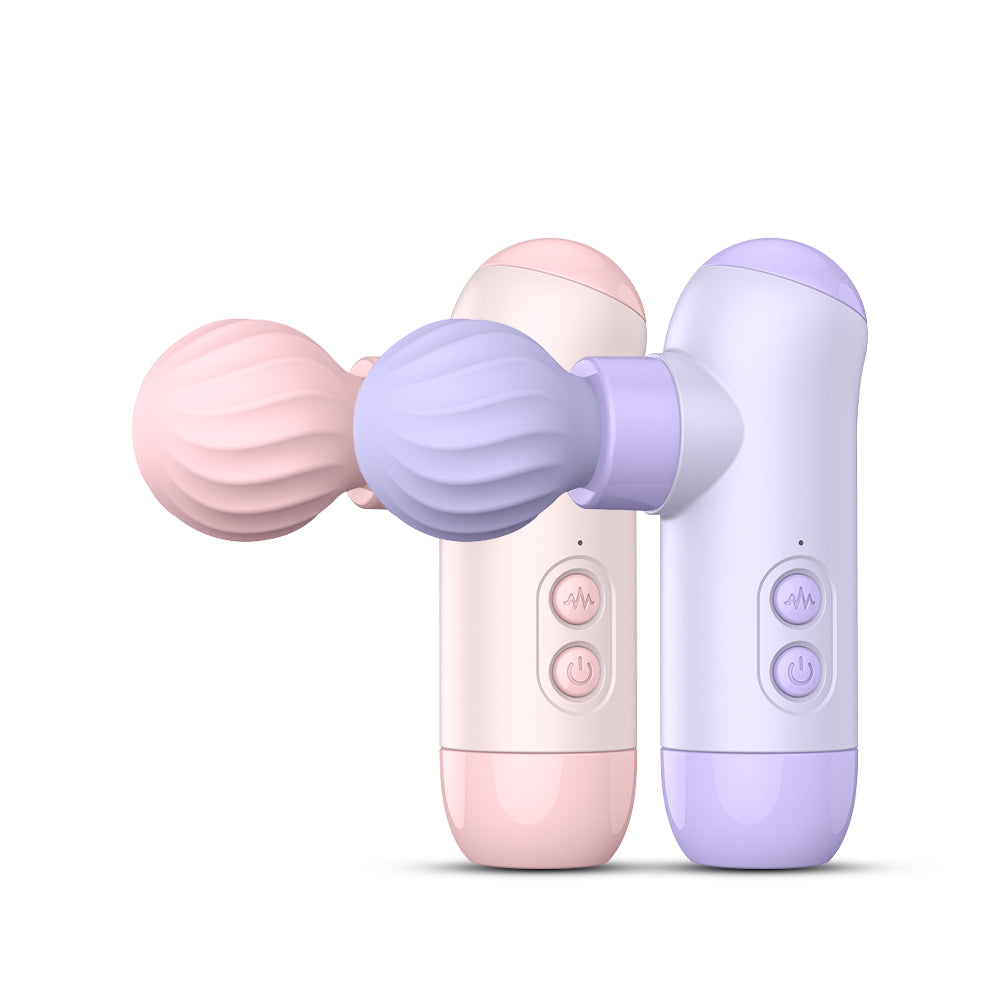 Dual-head massage gun style vibrator with pastel pink and purple silicone heads