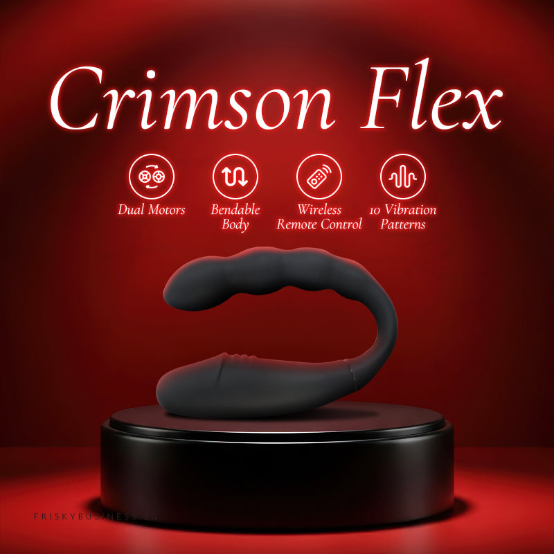 Crimson Flex title graphic with the black vibrator on a red display stand