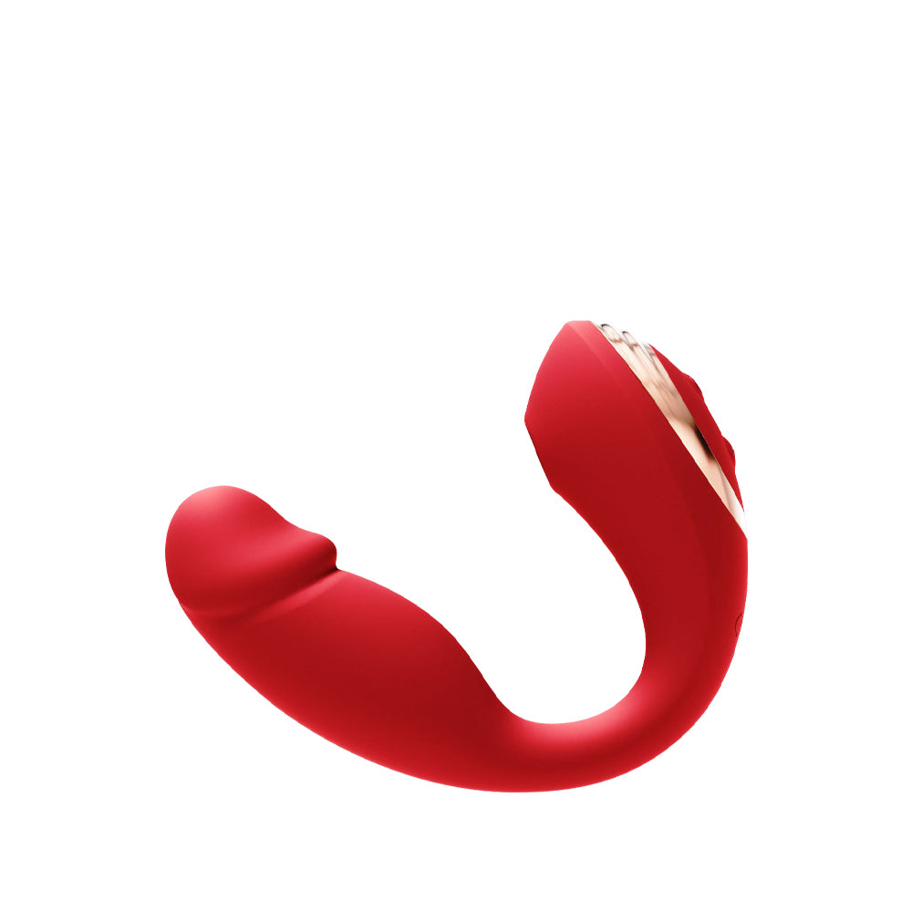 Red U-shaped wearable vibrator with dual heads shown on a clean white background.