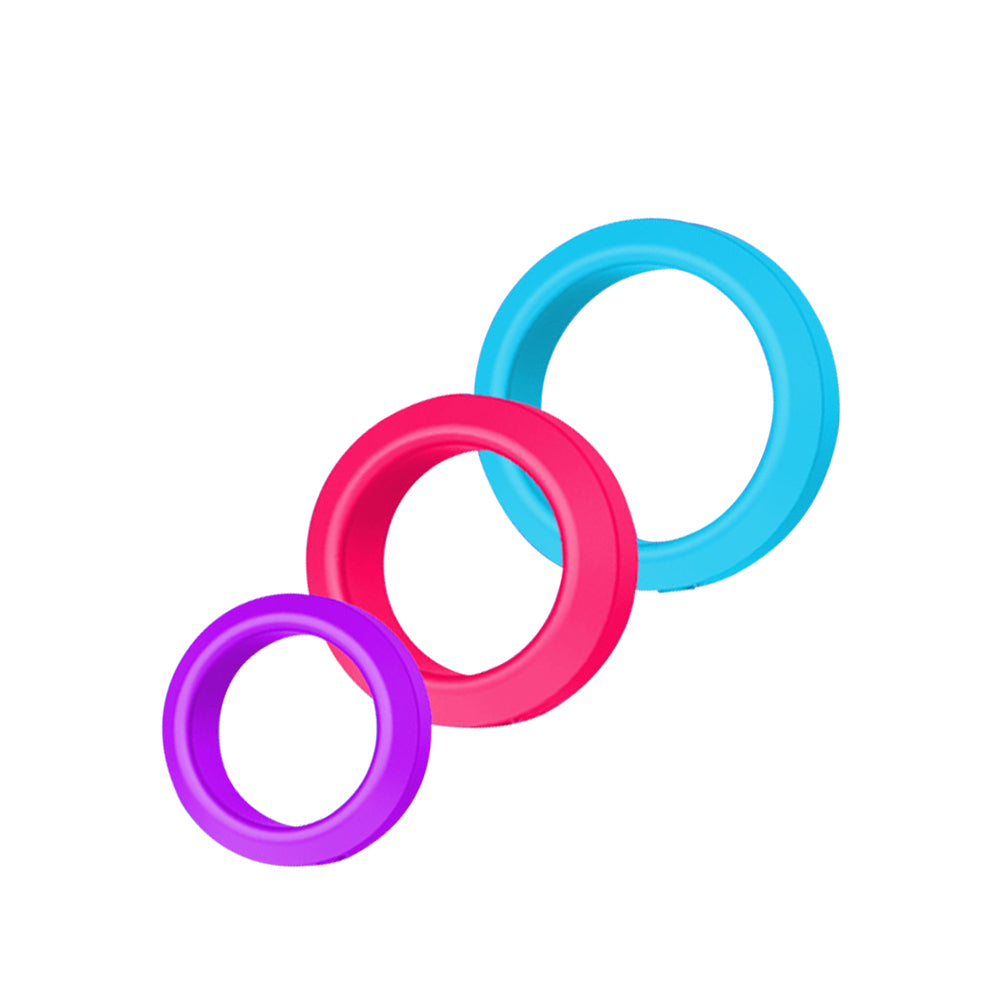 Three colorful silicone rings in small, medium, and large sizes on white background.