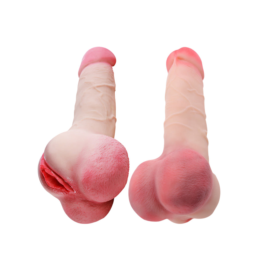 Two realistic silicone dildo sex toys shown from different angles against a white background, displaying front and side views of the flesh-toned adult novelty products.
