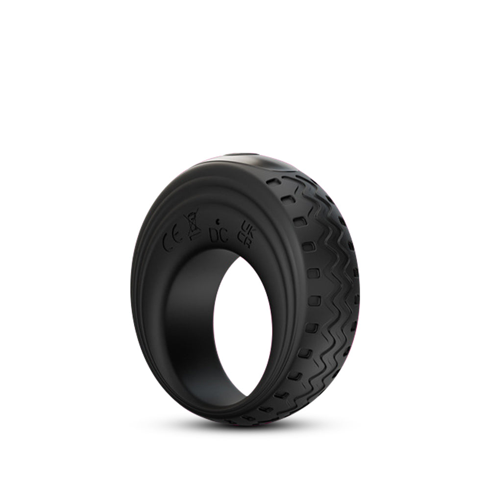 Black rechargeable silicone vibrating ring with textured outer surface, shown on white background.