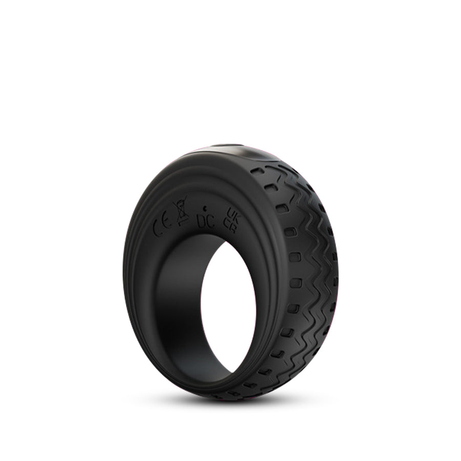 Black rechargeable silicone vibrating ring with textured outer surface, shown on white background.