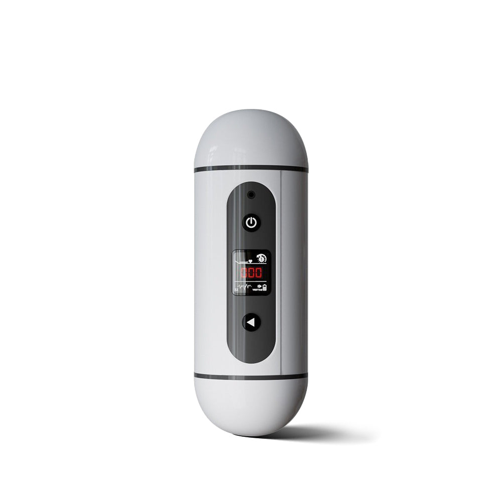 Elite Sync automatic masturbator in white shown upright with digital display panel