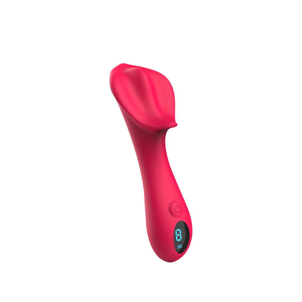 Eternal Bloom clitoral massage vibrator in bright pink with petal-shaped head and digital speed display.