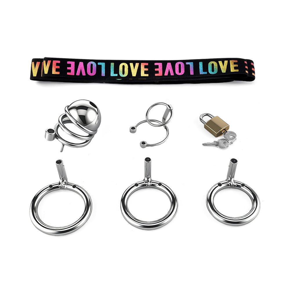Eternal Bond stainless steel chastity cage set with padlock, keys, and adjustable loops