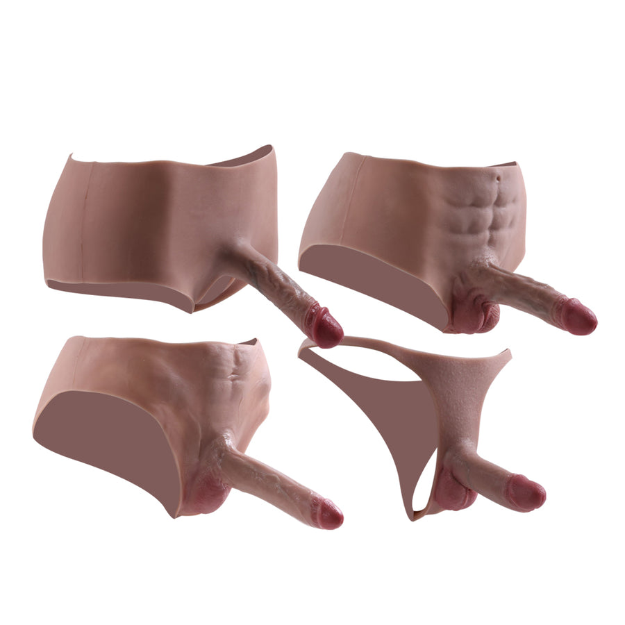 Set of four wearable strap-on dildo pants on a white background