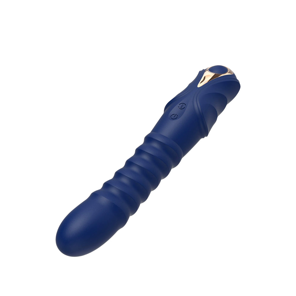 Deep navy thrusting vibrator with ribbed silicone body and gold-accented handle on white background.