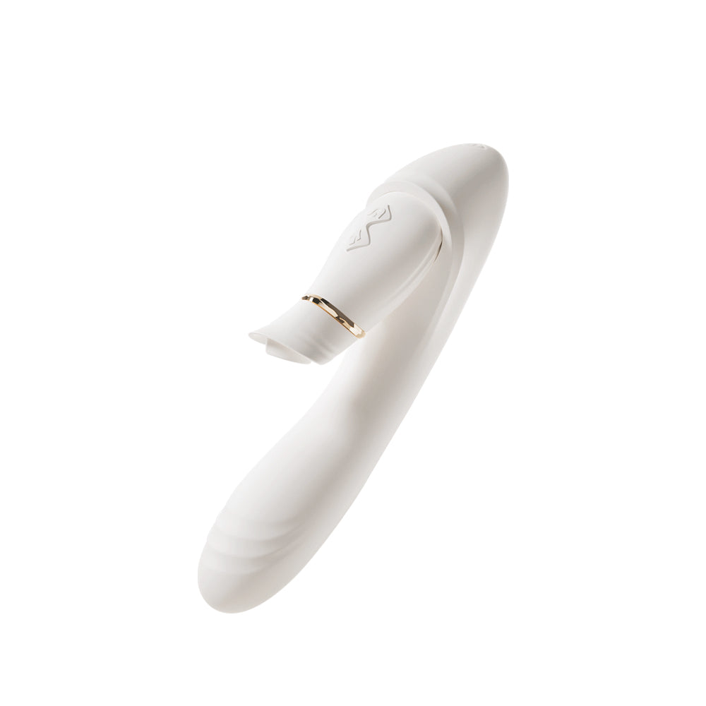 White curved handheld personal massager with gold accent, smooth ergonomic design.