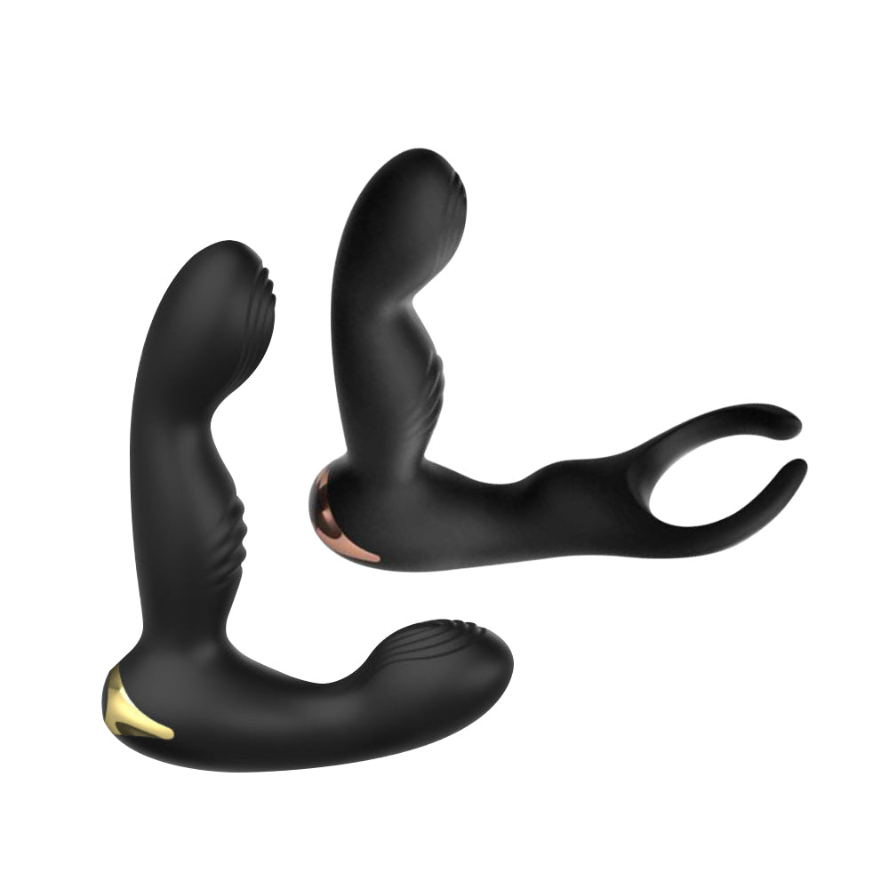 Two black prostate massager models displayed side by side on clean white background to compare shape and size.