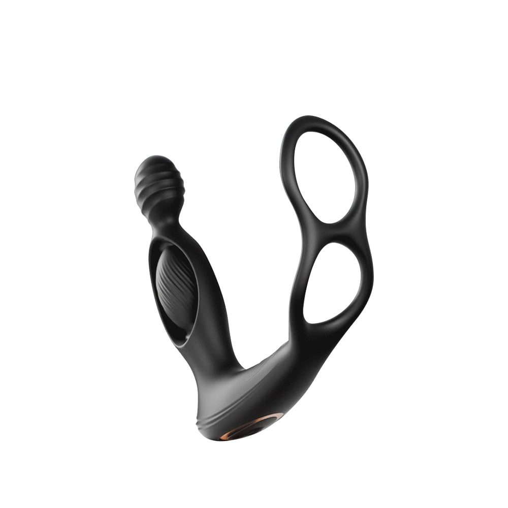 Ergonomic black silicone wearable with dual loops and textured stimulation head.