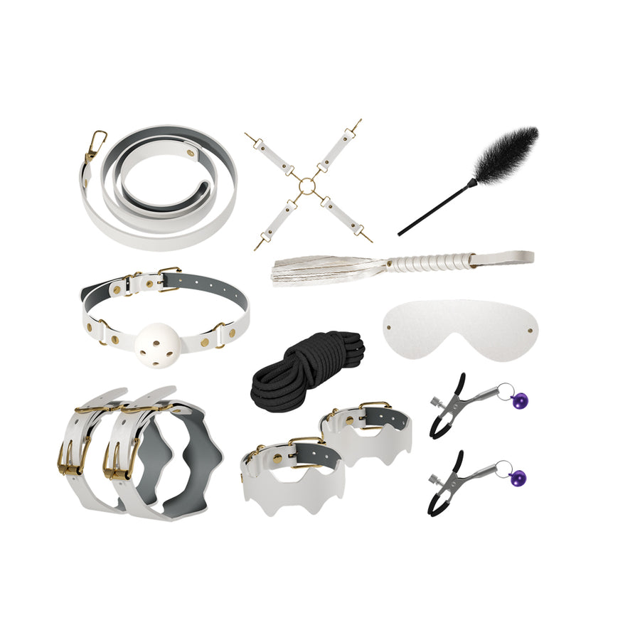 Complete white and gold restraint kit including cuffs, leash, blindfold, gag, and accessories.