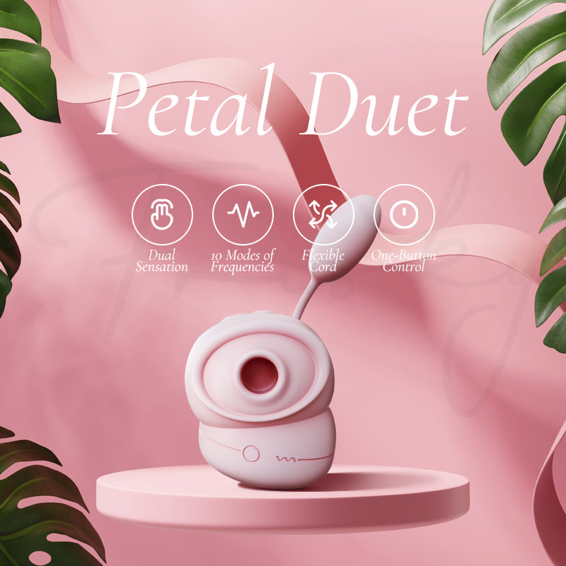 Suction stimulator on a round pedestal against pink with tropical leaves and feature icons
