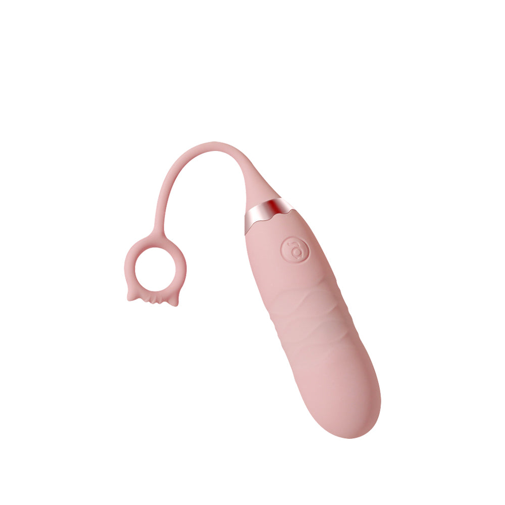 Pink Pounce wearable thrusting egg vibrator with attached control ring, shown on a plain background.