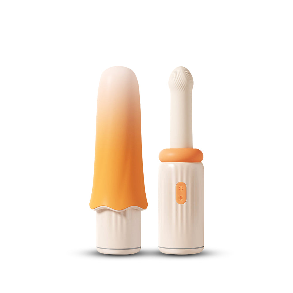 Two-piece mushroom-themed vibrator set in warm cream and orange colors, shown front view.