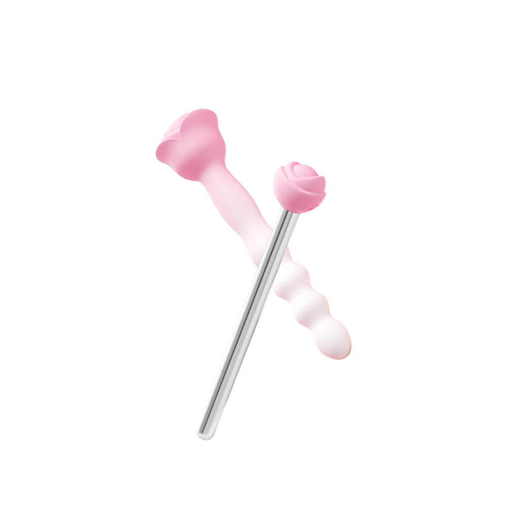 Rosy Arc dual-function vibrator with detachable pen displayed on soft pink background.