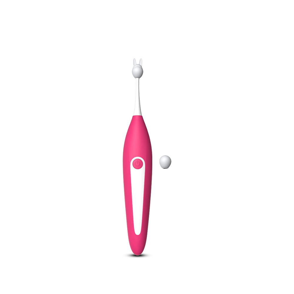 Rosy Pulse pink pleasure pen vibrator with interchangeable silicone tip on white background