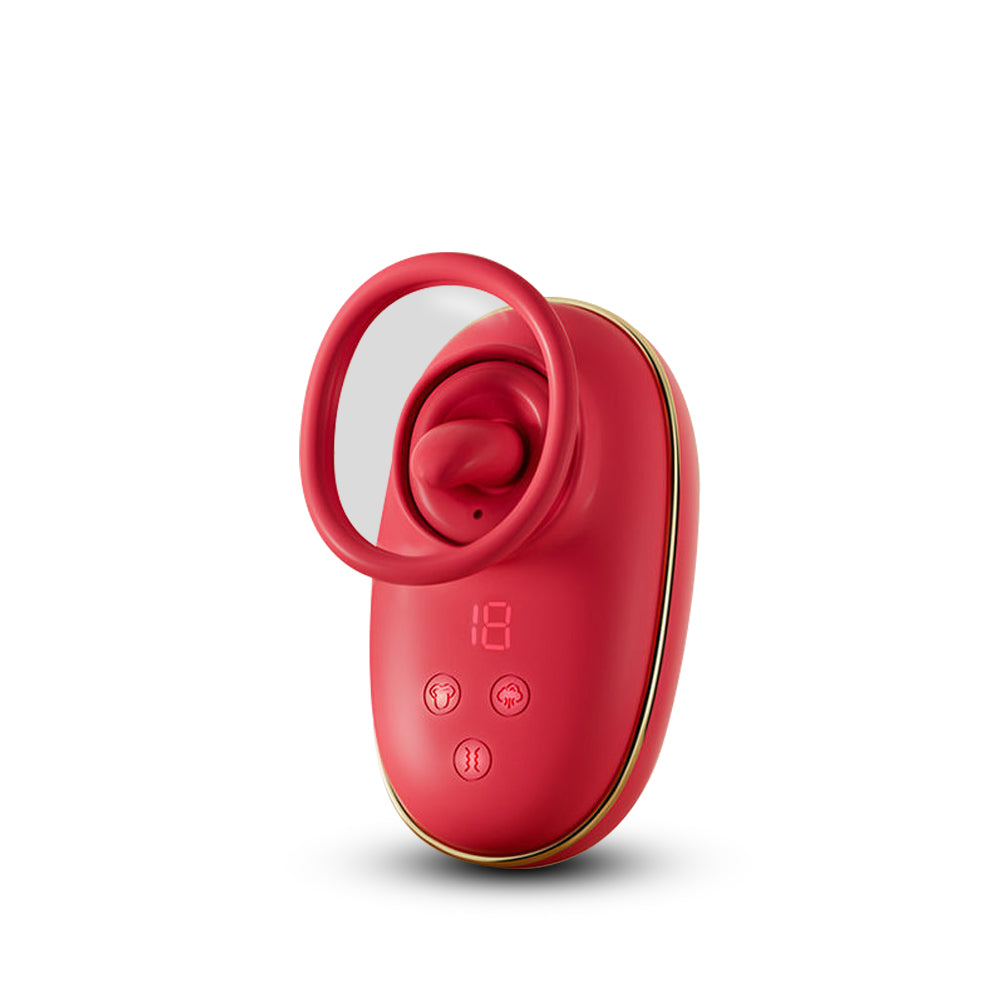 Red Scarlet Kiss triple-stimulation suction vibrator with detachable ring cover and control buttons