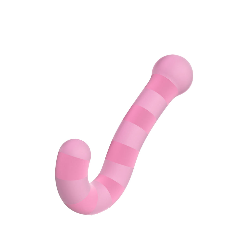 Elegant pink question-mark-shaped dual head vibrator with smooth silicone design on white background