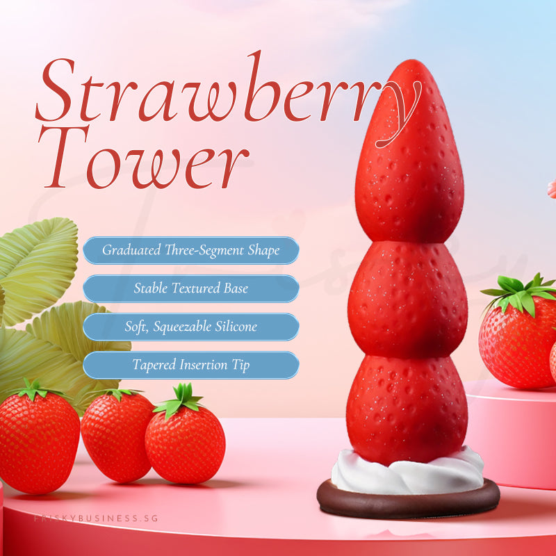 Strawberry Tower title graphic with the plug, fresh strawberries and blue feature labels