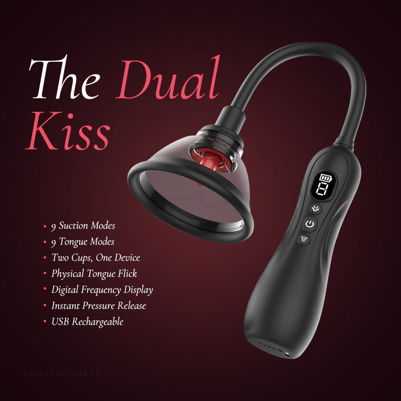 Sexual product with digital display on a dark background, labeled 'The Dual Kiss'.