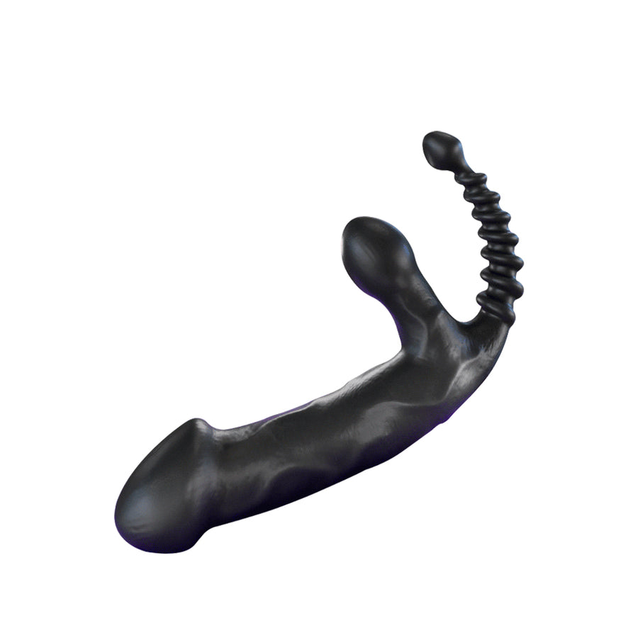 Black curved multi-head massager with textured beads and ergonomic design on white background