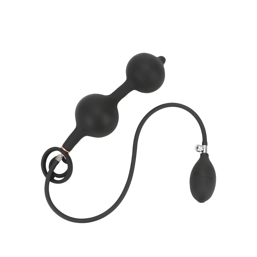 Black dual inflatable silicone plug with attached manual air pump and ring loop.