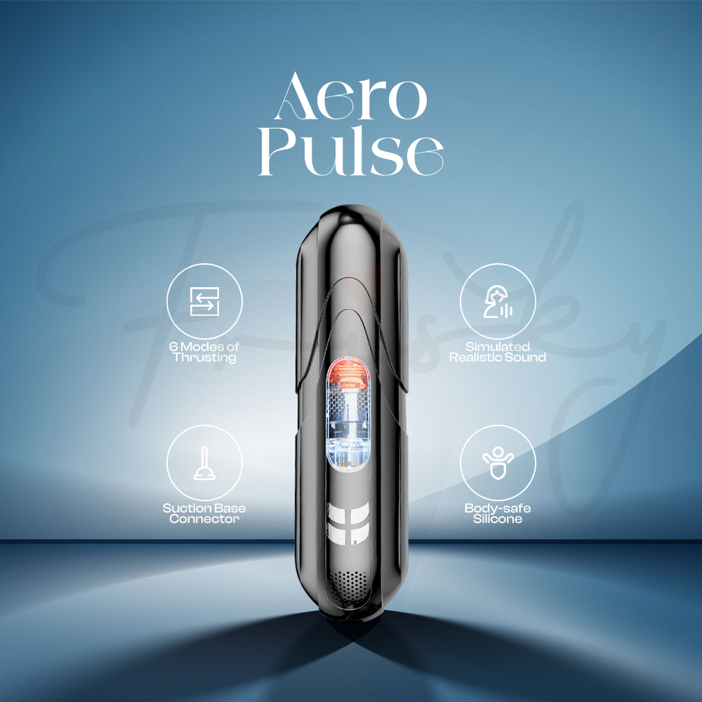 Stylish Aero Pulse device displayed with feature icons on a soft blue futuristic background.