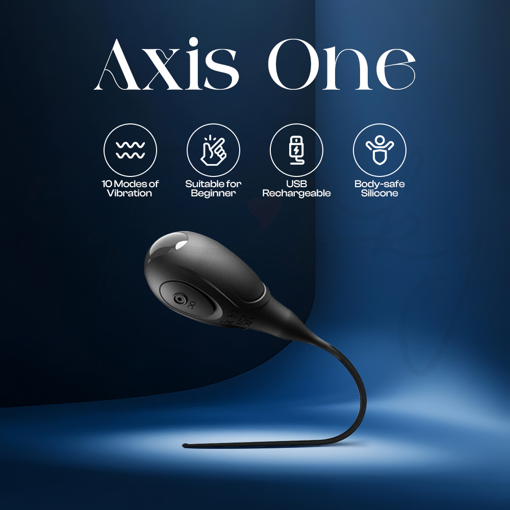 Axis One urethral vibrator with features icon for app control, vibration modes, USB charging, and beginner suitability.