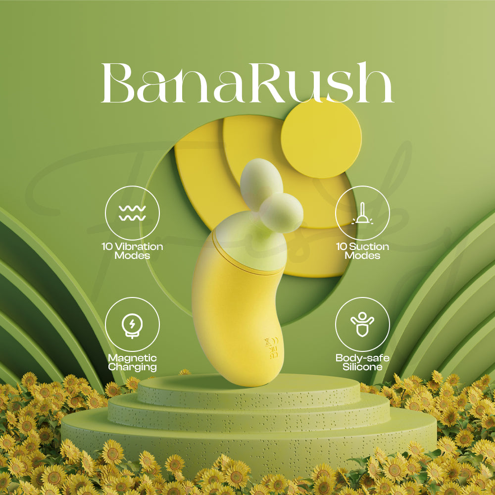 BanaRush yellow wearable vibrator shown upright with icons displaying its key features on a green backdrop.
