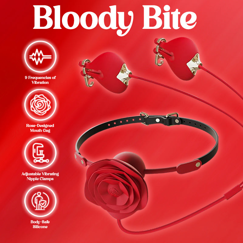 Bloody Bite – Vibrating Nipple Clamps with Mouth Gag