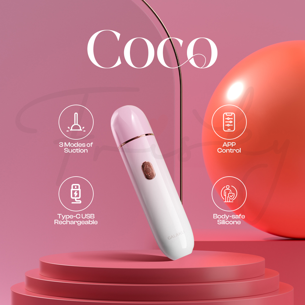 Coco suction vibrator with icons highlighting app control, body-safe silicone, and USB charging.