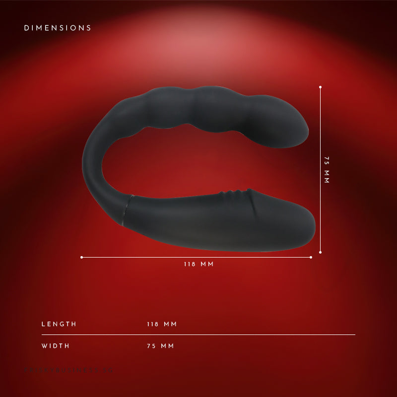 Size diagram of the black U-shaped vibrator on a deep red background with dimension lines