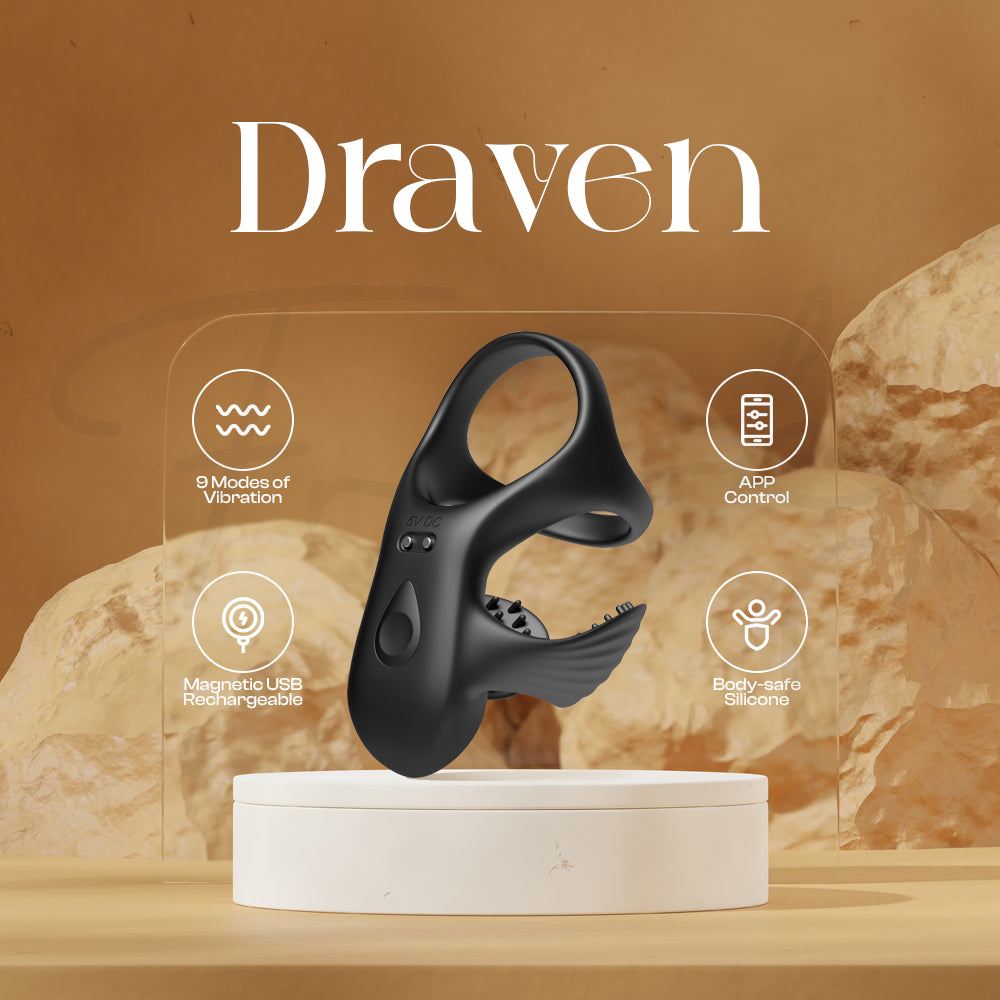 Draven APP-controlled vibrating cock ring displayed on elegant beige podium background
