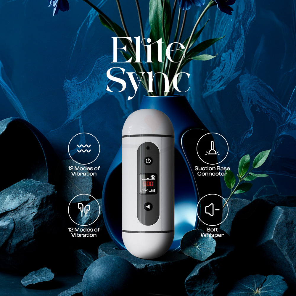 Elite Sync masturbator presented with blue background highlighting premium smart design.