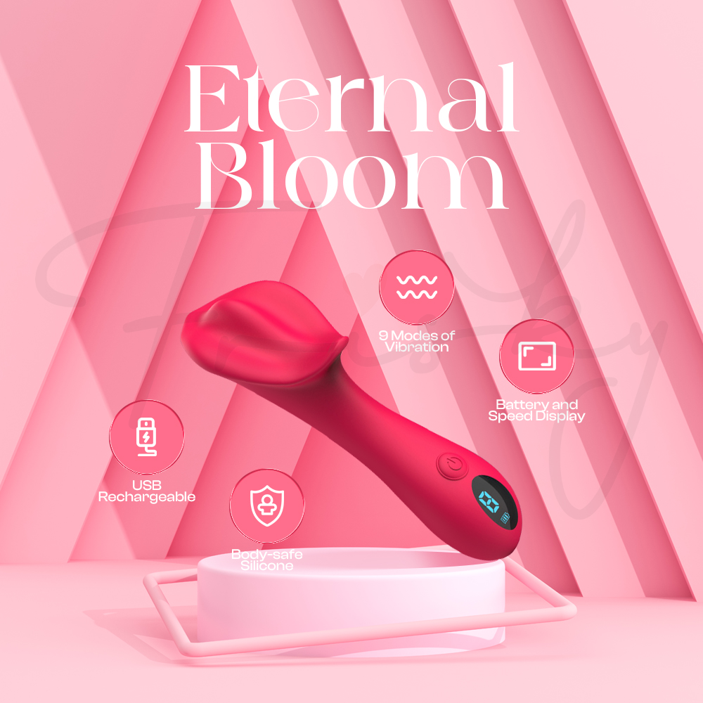 Eternal Bloom vibrator with elegant pink backdrop and key features icon.