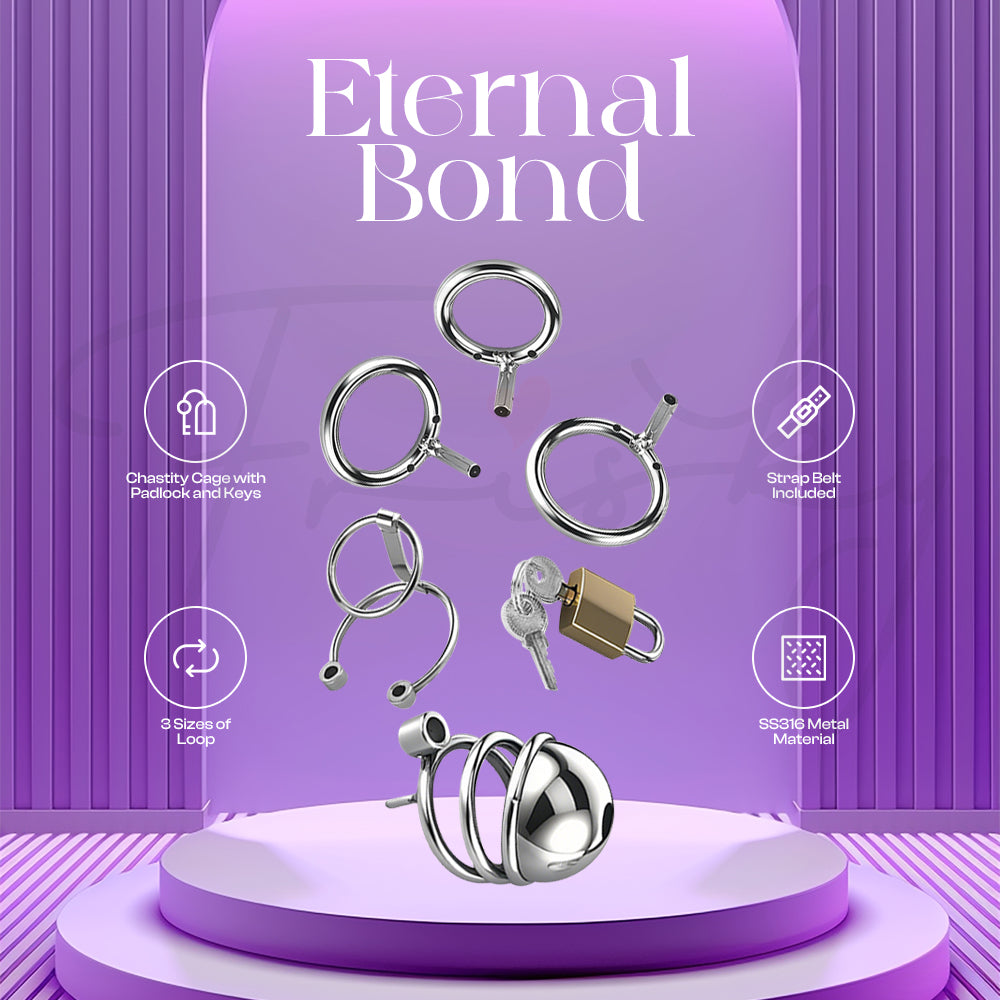 Elegant Eternal Bond chastity cage with stainless steel frame and stylish product branding background