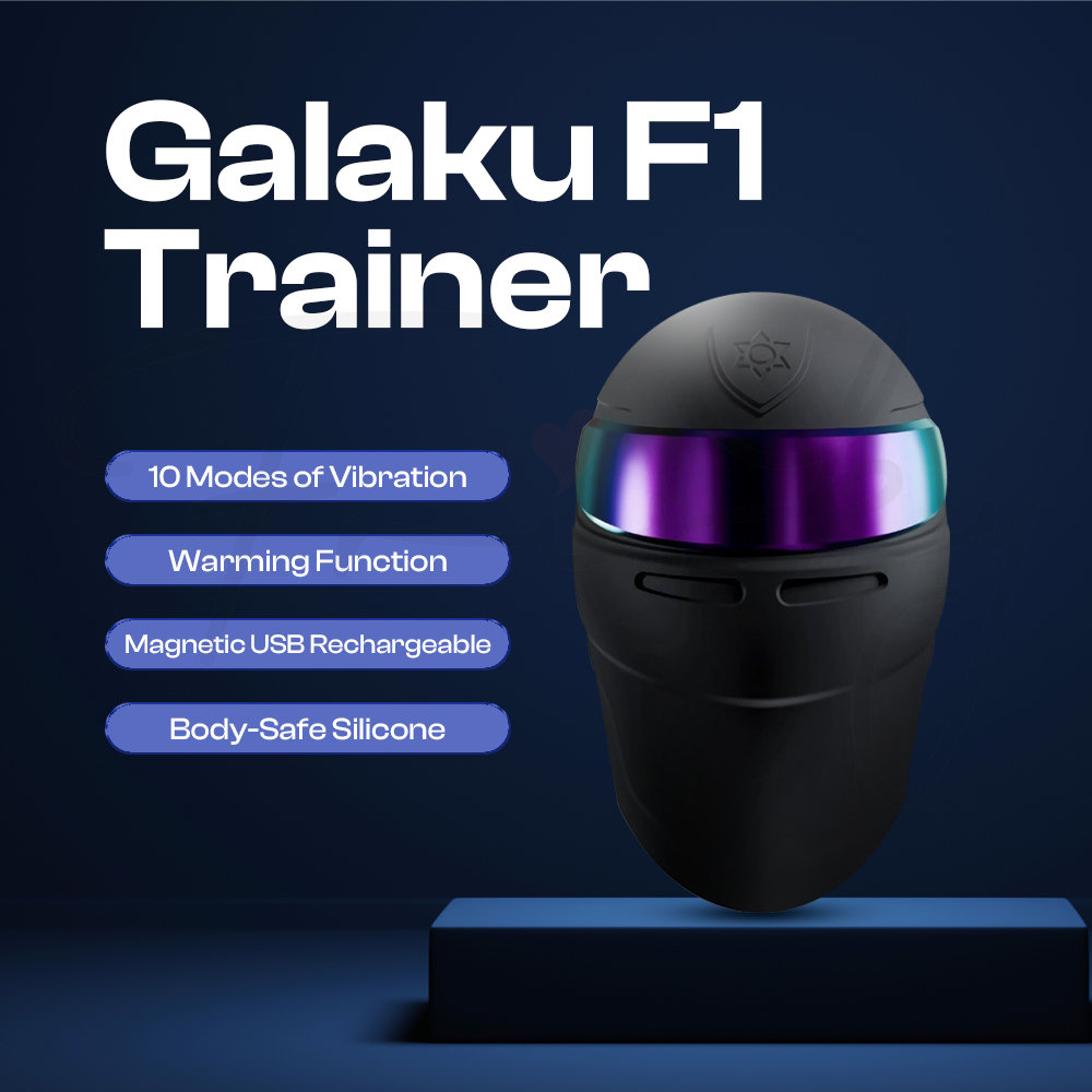 Galaku F1 Trainer with labeled features: warming function, 10 vibration modes, APP control, ergonomic fit.