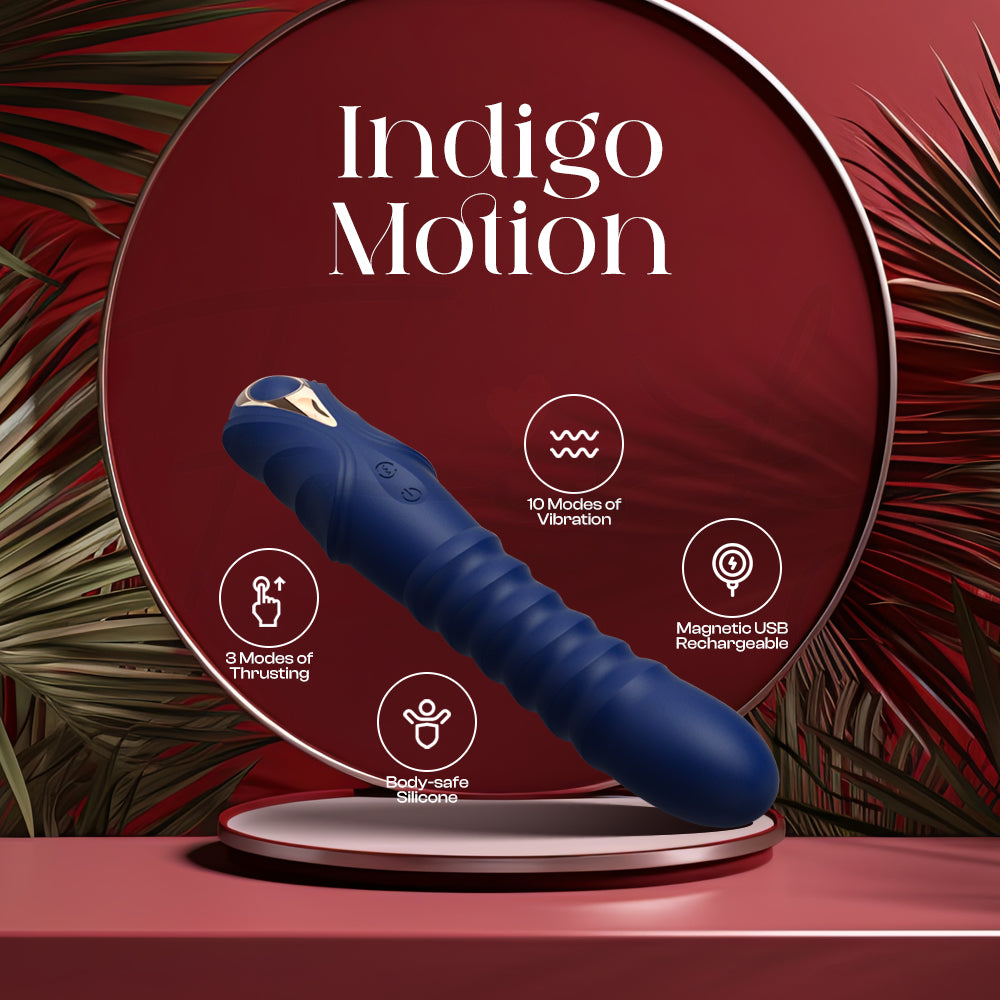 Indigo Motion thrusting vibrator displayed in elegant navy with stylish product name overlay.