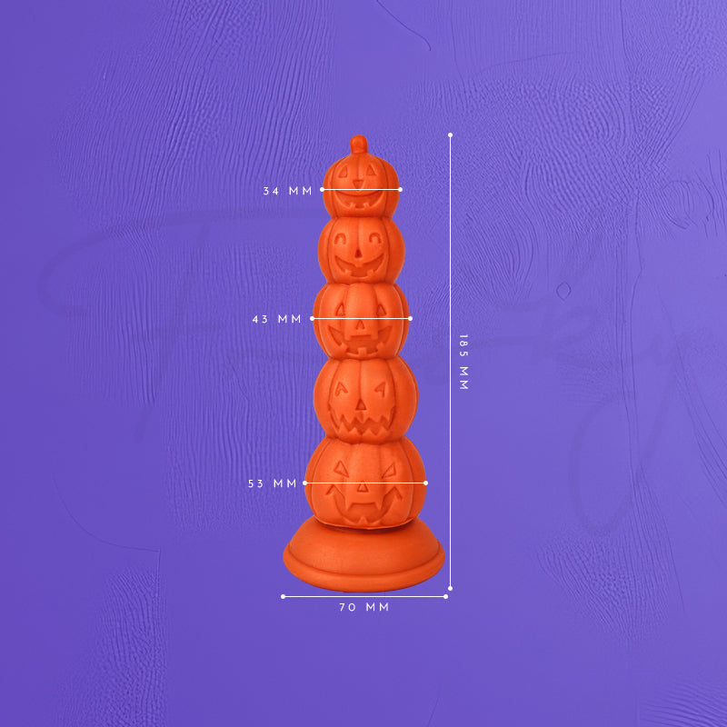 Size diagram of the orange pumpkin plug on a purple background with dimension lines