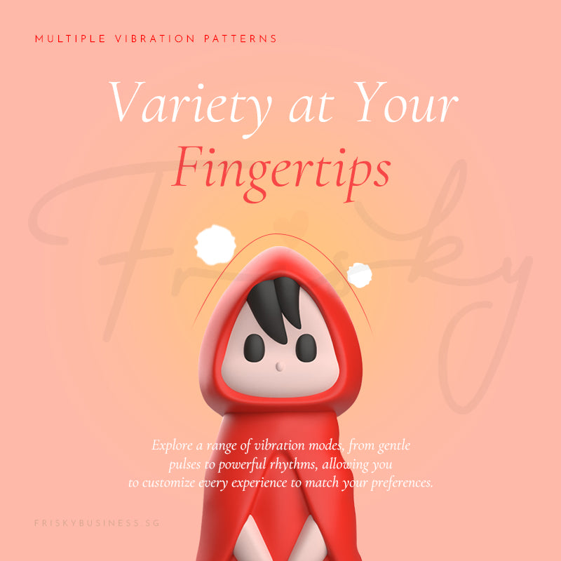 Character in a red hood with text about vibration patterns on a pink background
