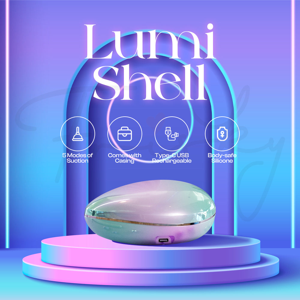 Lumi Shell suction vibrator displayed with glowing light effects and elegant pastel color scheme.