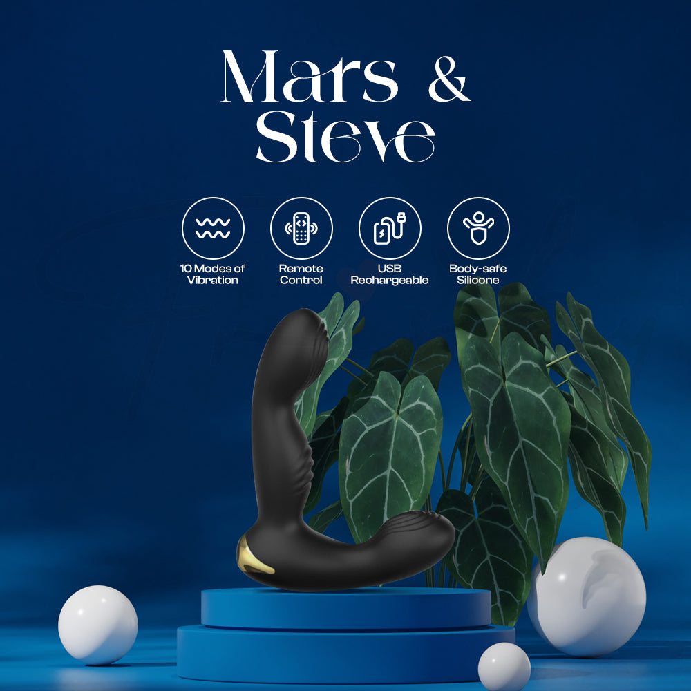 Mars & Steve prostate massager models shown upright with feature icons on dark blue background.
