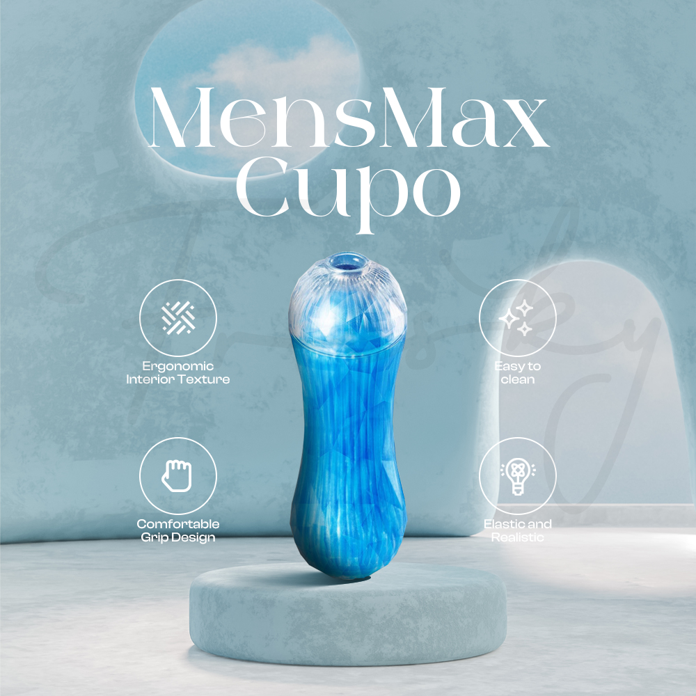 MensMax Cupo standing upright on white podium showing compact ergonomic handheld design.