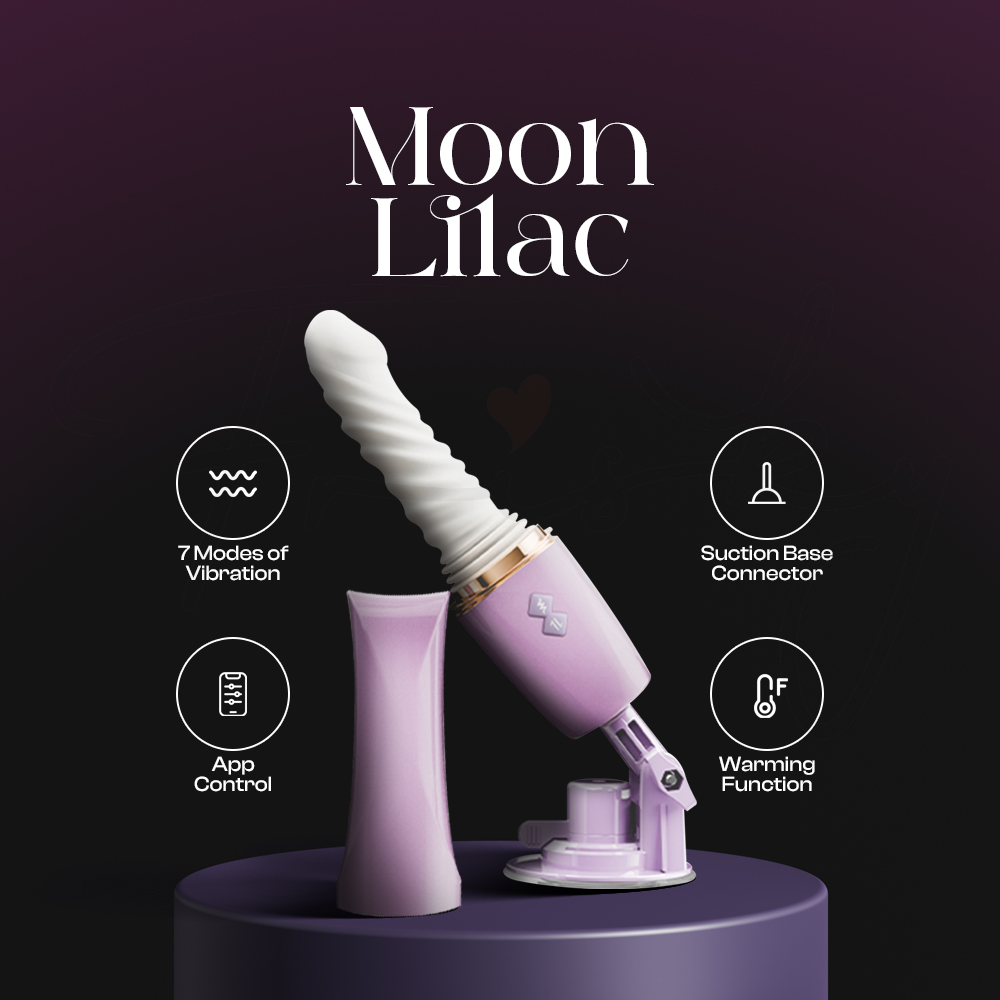 Purple thrusting vibrator displayed in moon-lit setting highlighting elegant lilac design